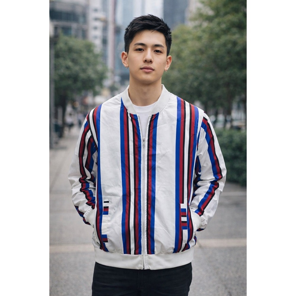 G-NET Striped Bomber Jacket Mens Small White Red Blue NWT Lightweight Zip Up